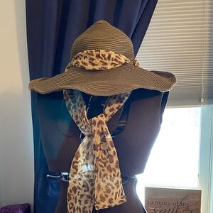 Leopard Print Scarf and Brown Hat Set